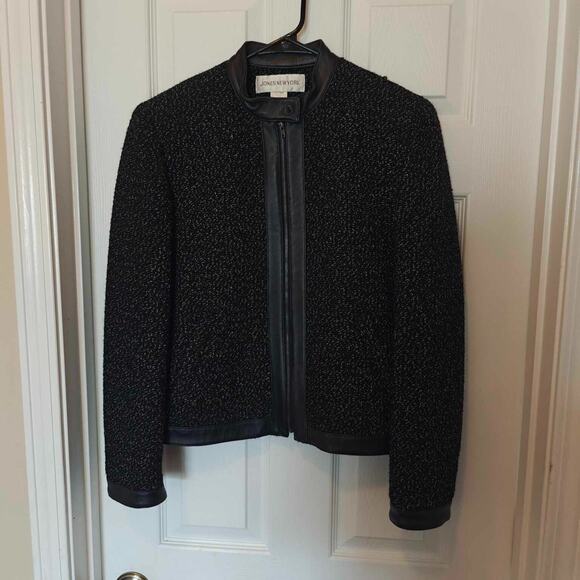 Jones New York Womens Large Virgin Wool leather Zip Up Black tweed Jacket - Picture 1 of 9